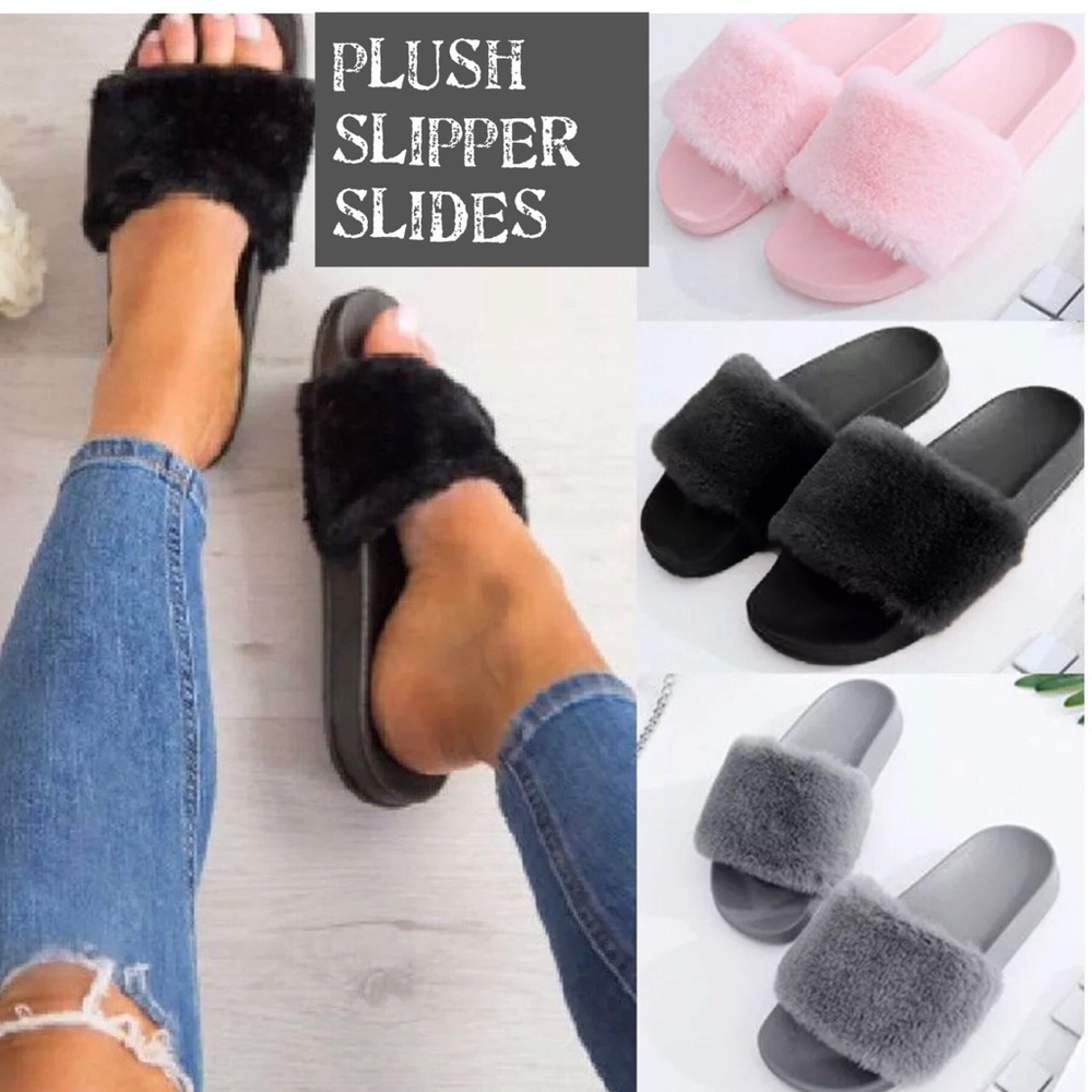 🎉HP🎉 FAUX FUR SLIPPER SLIDES- 4 COLORS✨ - Picture 1 of 6